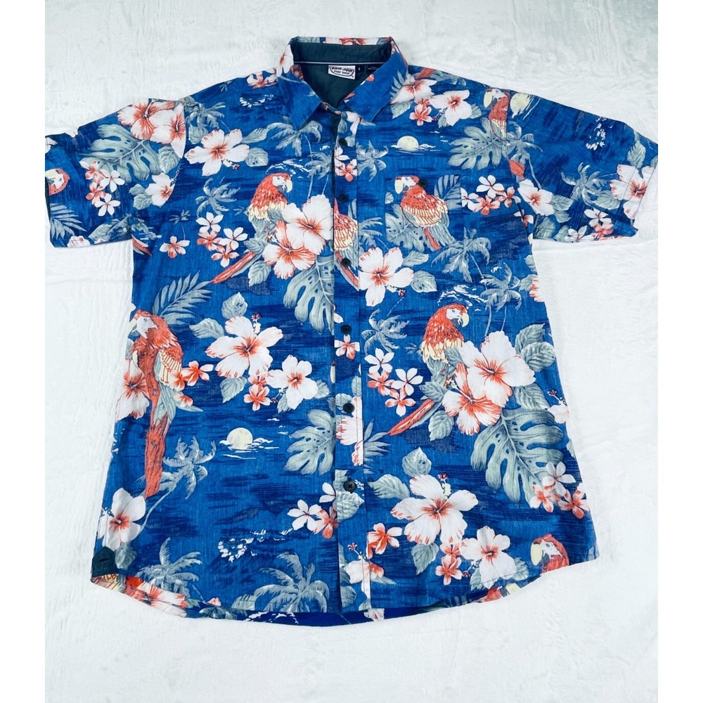 Ron Jon Surf Shop SS Shirt Mens L Button Up Blue White Floral & Parrot Pattern‎
